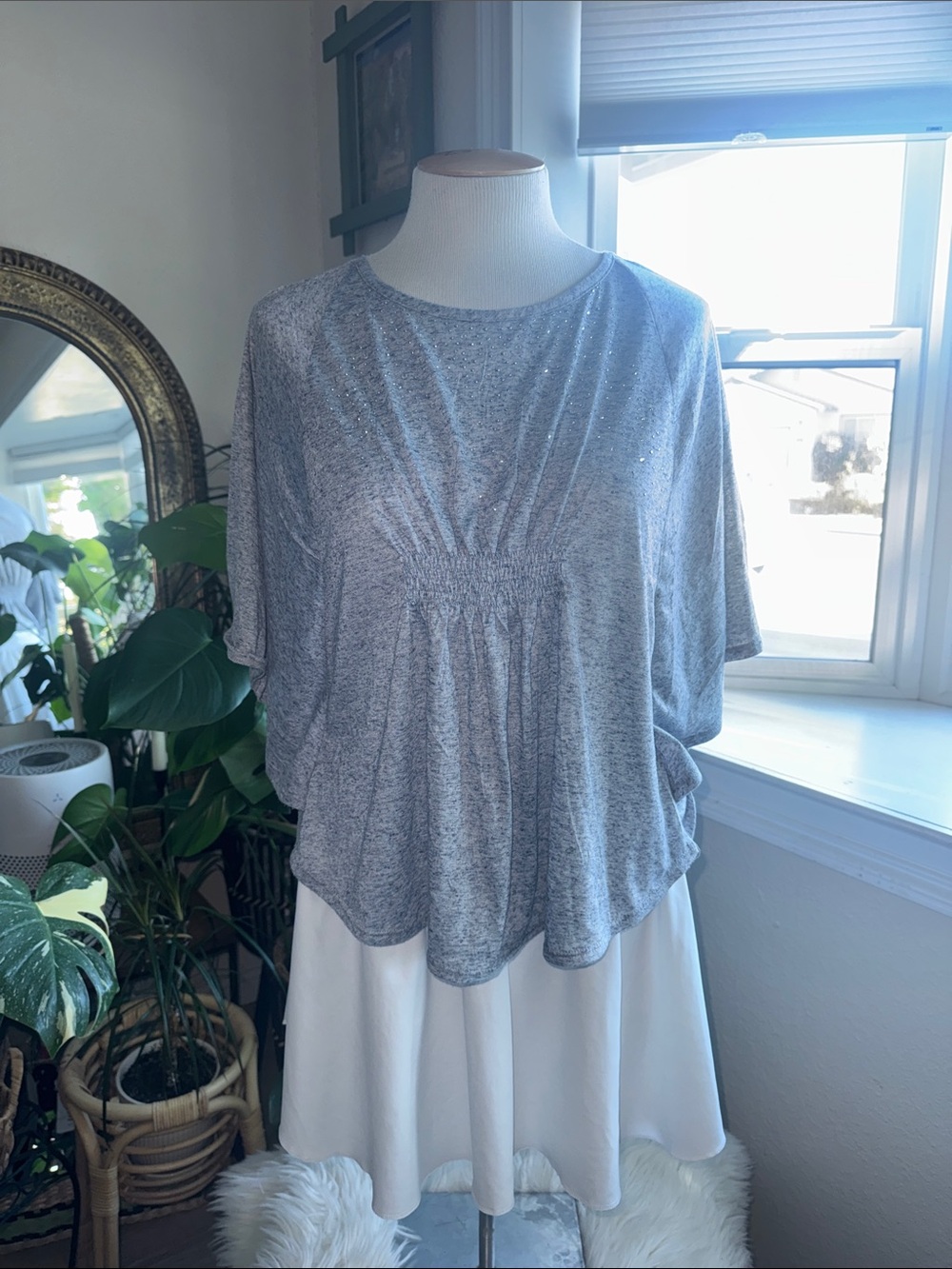 Y2K Cocomo Gray Short Sleeve Gathered Front Tunic with Rhinestones